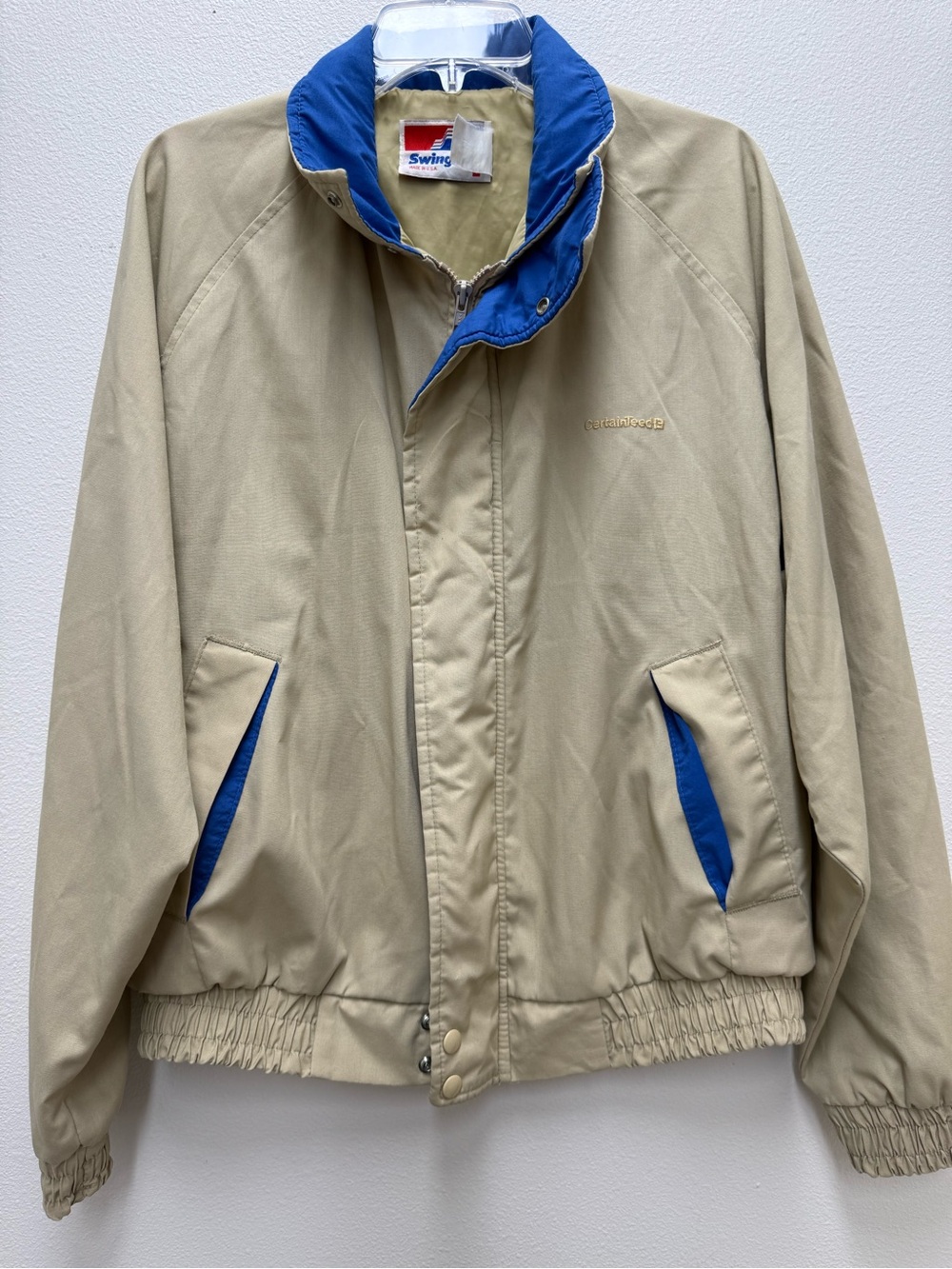 Swingster LARGE Beige Bomber Jacket with Blue Trim